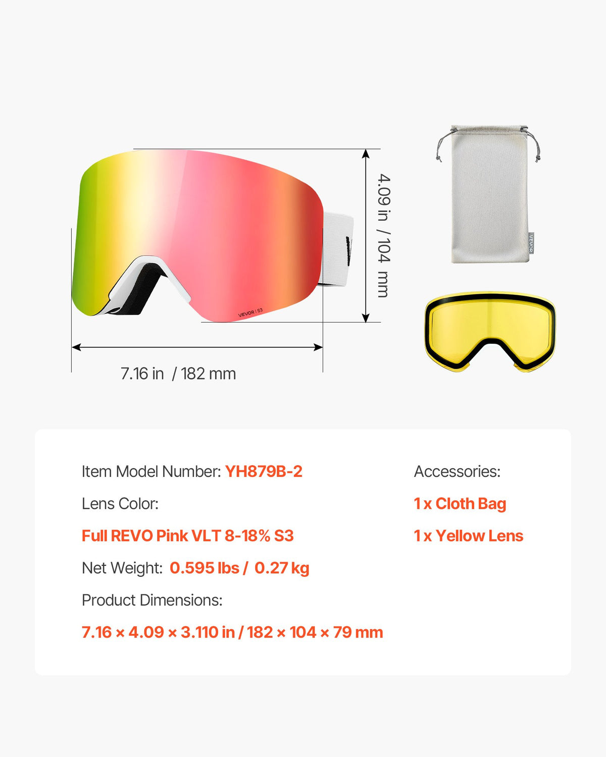 Frameless Ski Goggles Pink Revo Magnet Cylindrical Lens OTG Anti-Fog TPU Frame
