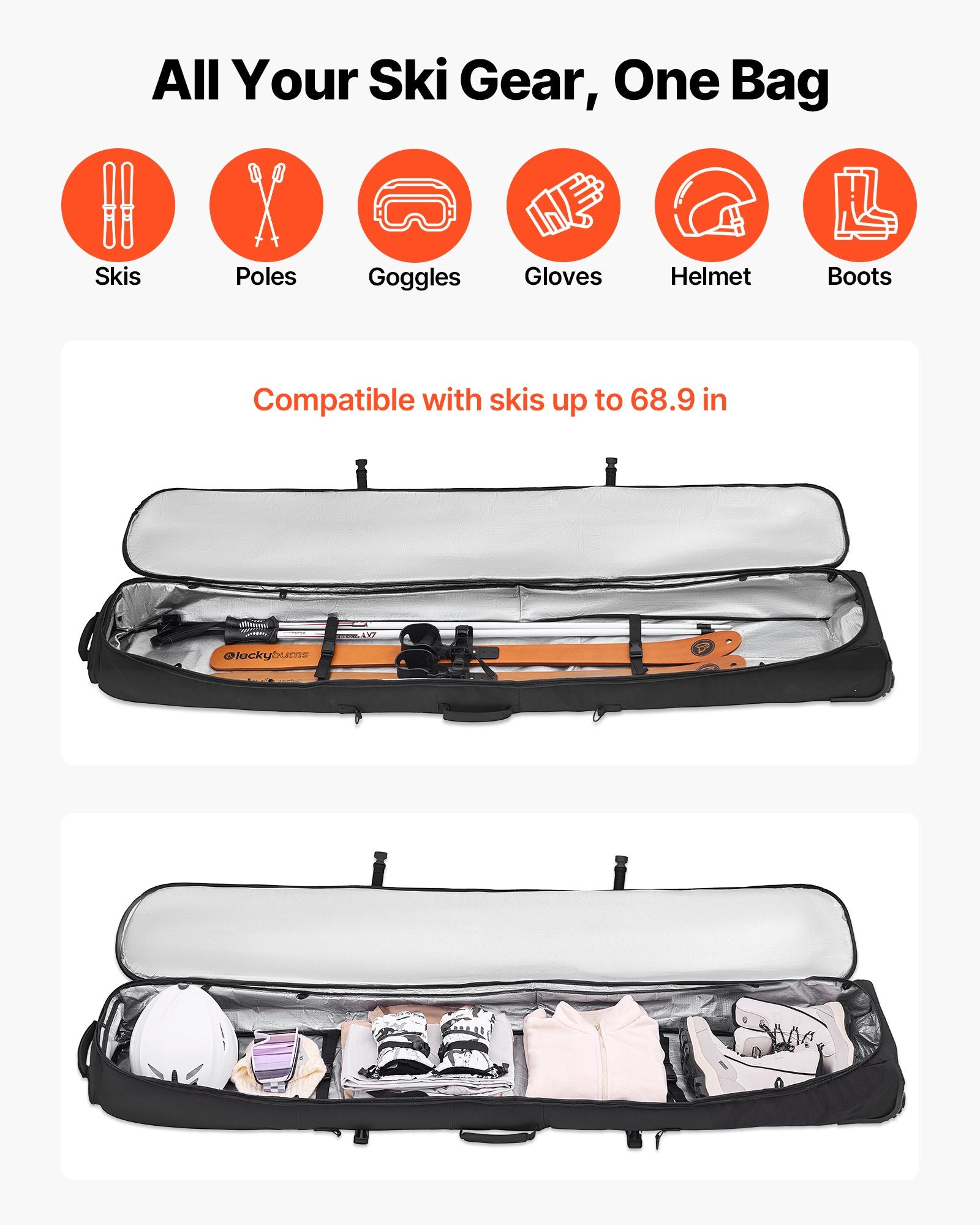 Ski Roller Bag 74.8in 190cm Padded Wheels 600D Waterproof Adjustable Black