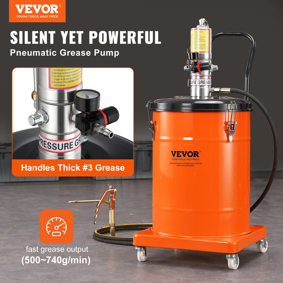 Grease Pump 40L Air Operated with 3.88m Hose Wheels and 50:1 Pressure