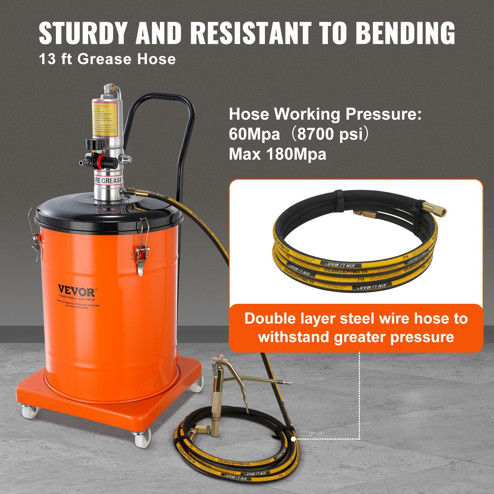 Grease Pump 40L Air Operated with 3.88m Hose Wheels and 50:1 Pressure