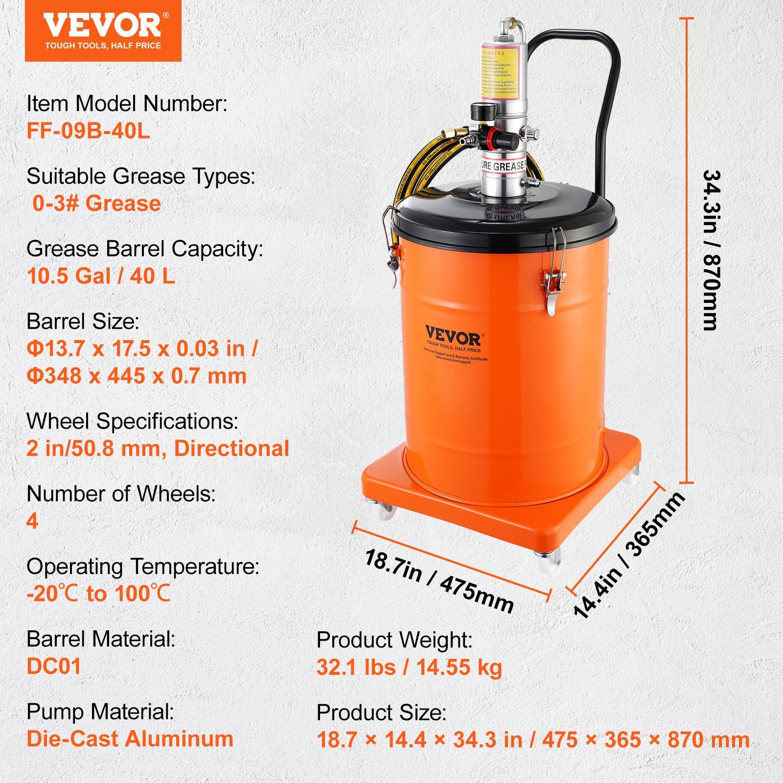 Grease Pump 40L Air Operated with 3.88m Hose Wheels and 50:1 Pressure