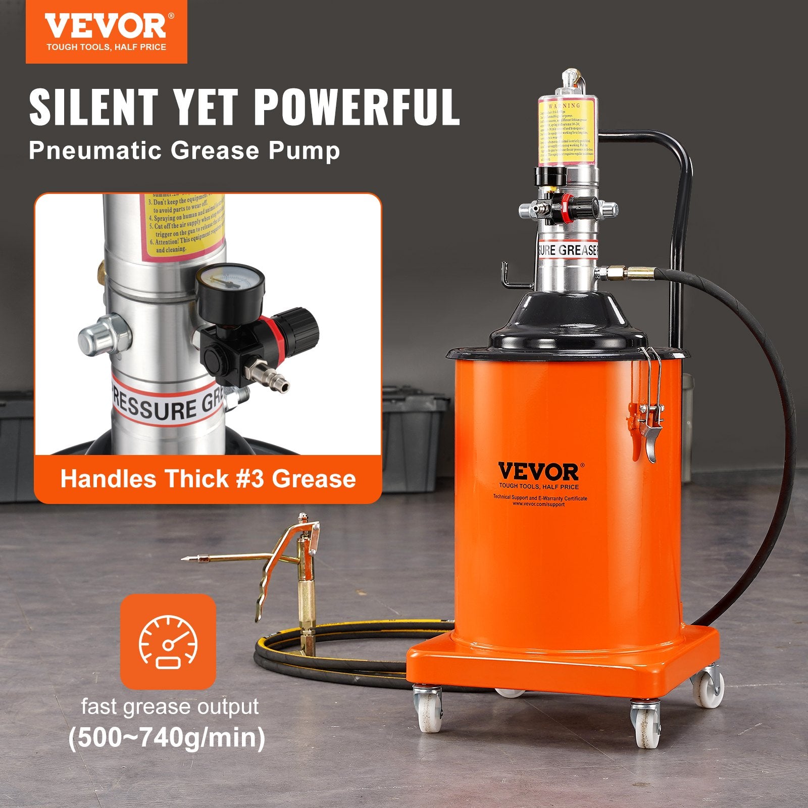 Grease Pump 20L Air Operated with 3.88m Hose Wheels and 50:1 Pressure