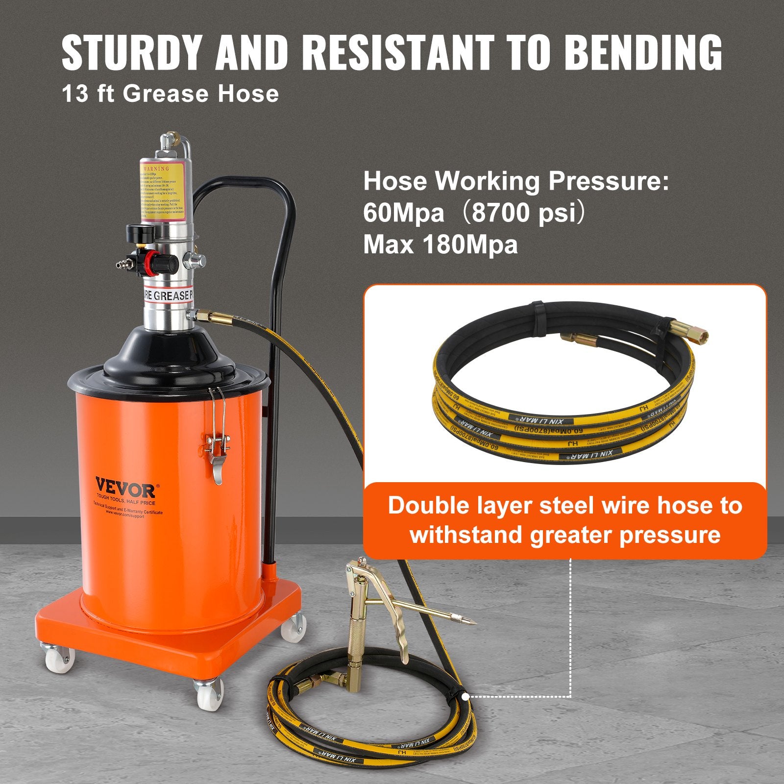 Grease Pump 20L Air Operated with 3.88m Hose Wheels and 50:1 Pressure