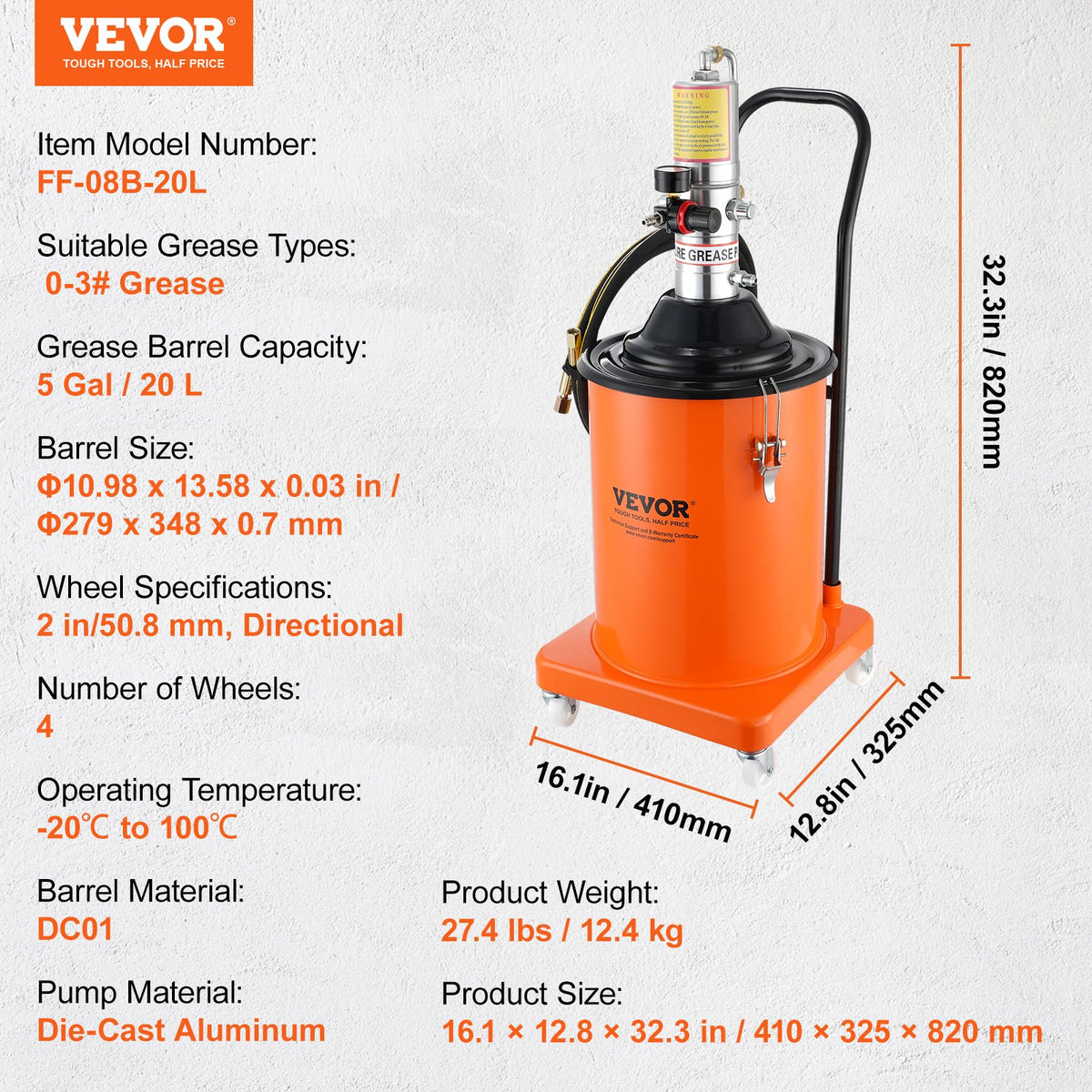 Grease Pump 20L Air Operated with 3.88m Hose Wheels and 50:1 Pressure