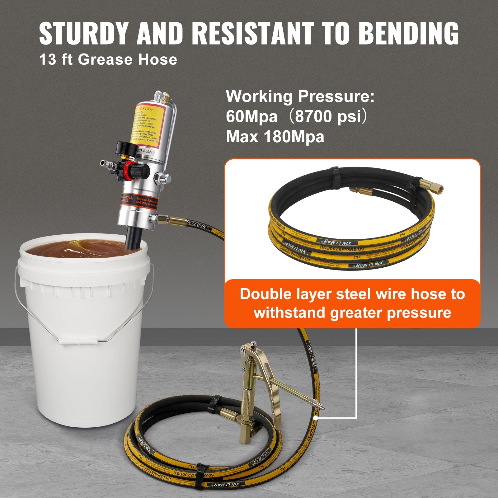 Grease Pump 50:1 Air Operated with 3.88m Hose and 360° Swivel Gun Head