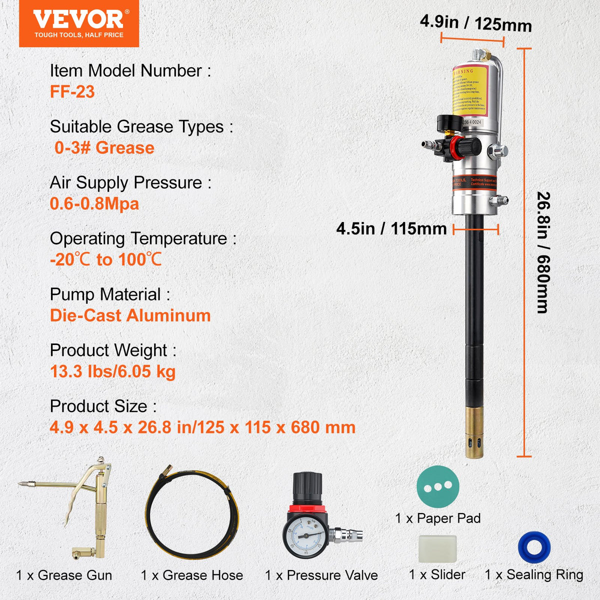 Grease Pump 50:1 Air Operated with 3.88m Hose and 360° Swivel Gun Head