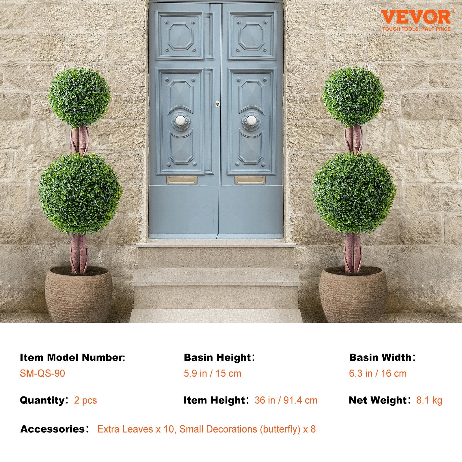Artificial Boxwood Topiary Tree, 36" Tall 2-Pack Double Ball Faux Plant with Pot