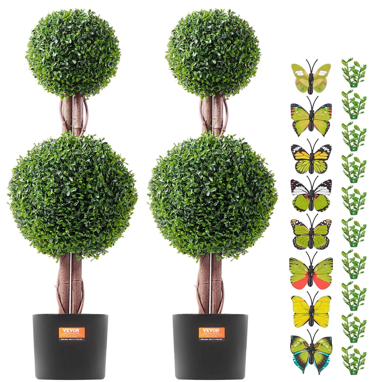 Artificial Boxwood Topiary Tree, 36" Tall 2-Pack Double Ball Faux Plant with Pot