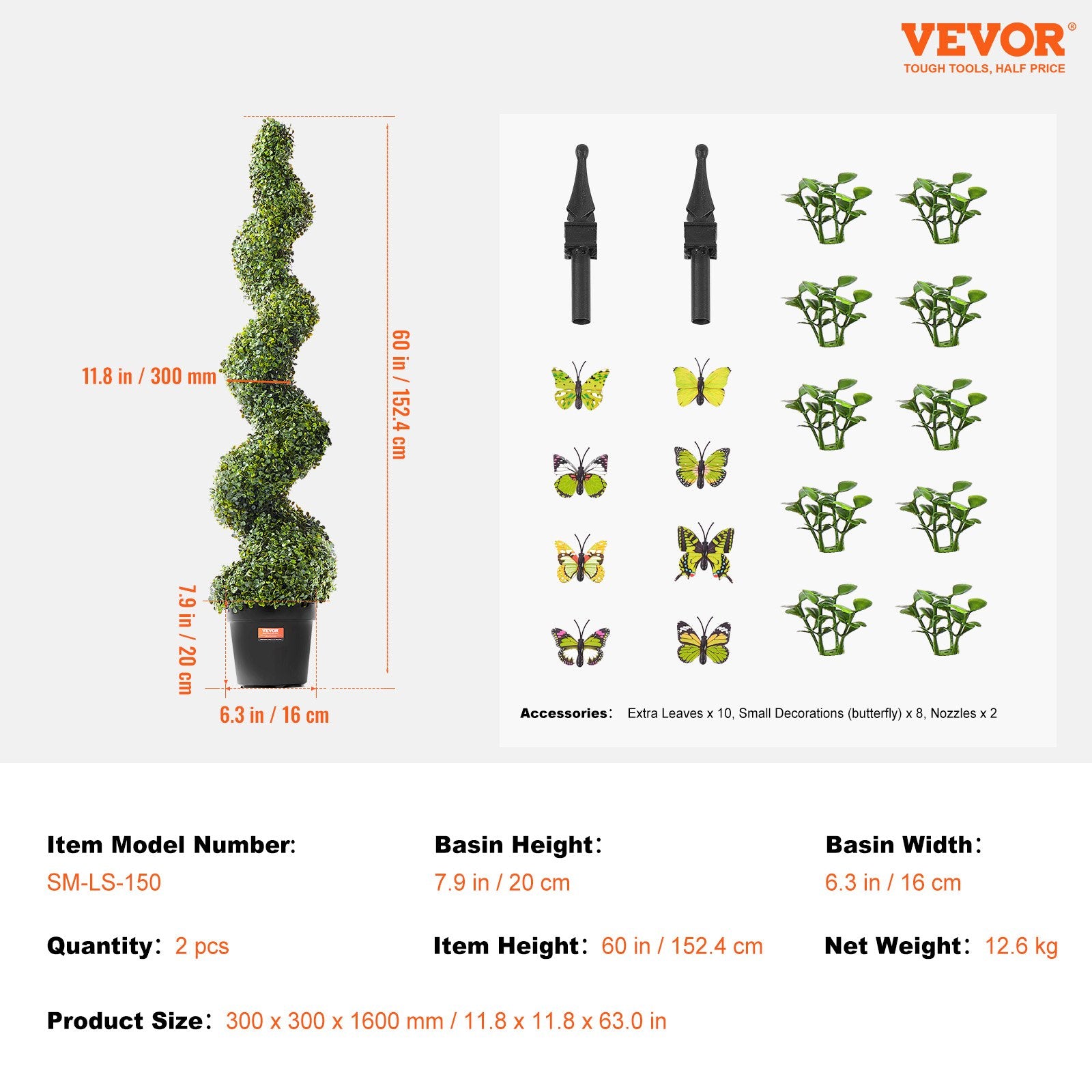 Artificial Boxwood Topiary Tree 60" Tall 2-Pack Spiral Faux Plant with Pot Leave