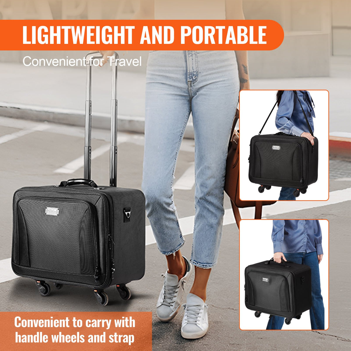 Rolling Makeup Train Case Large 3-Tier Storage with Handle Wheels Strap Black