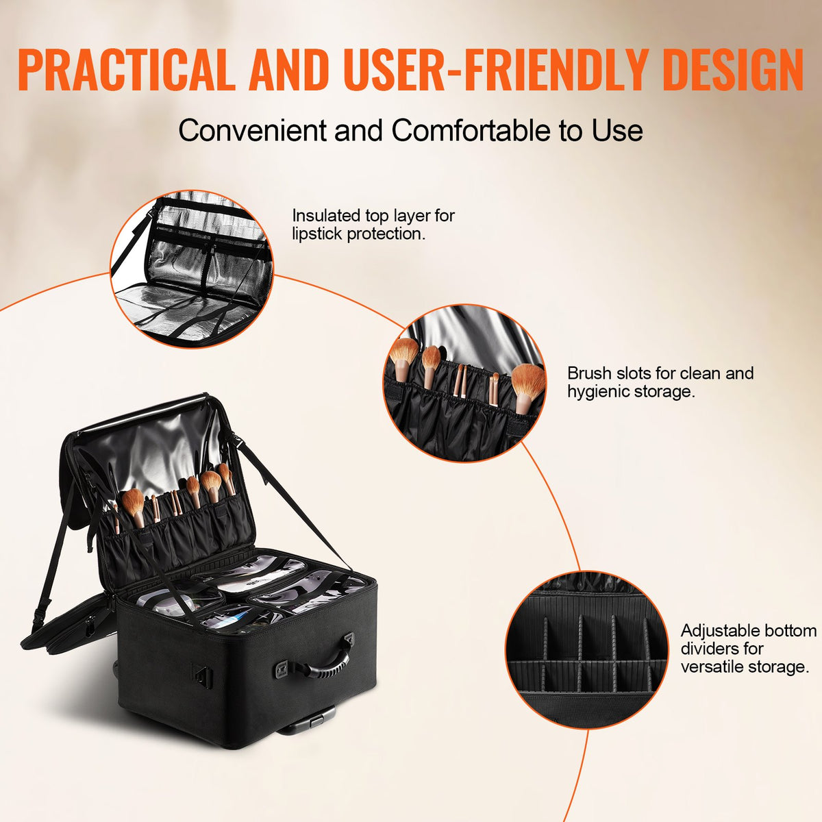 Rolling Makeup Train Case Large 3-Tier Storage with Handle Wheels Strap Black