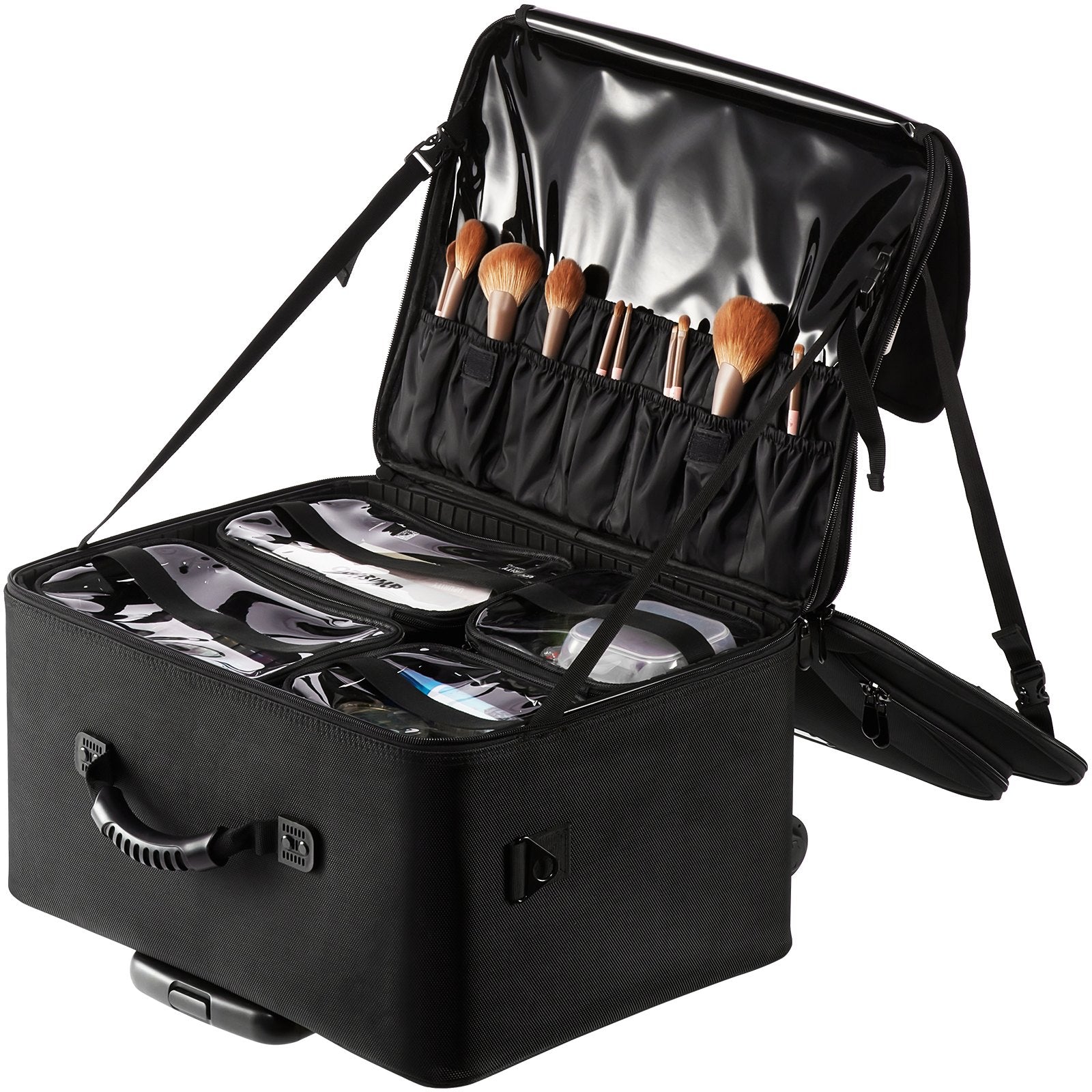 Rolling Makeup Train Case Large 3-Tier Storage with Handle Wheels Strap Black