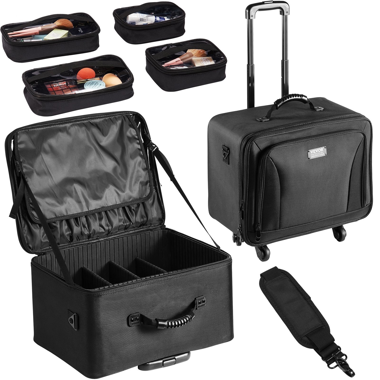 Rolling Makeup Train Case Large 3-Tier Storage with Handle Wheels Strap Black