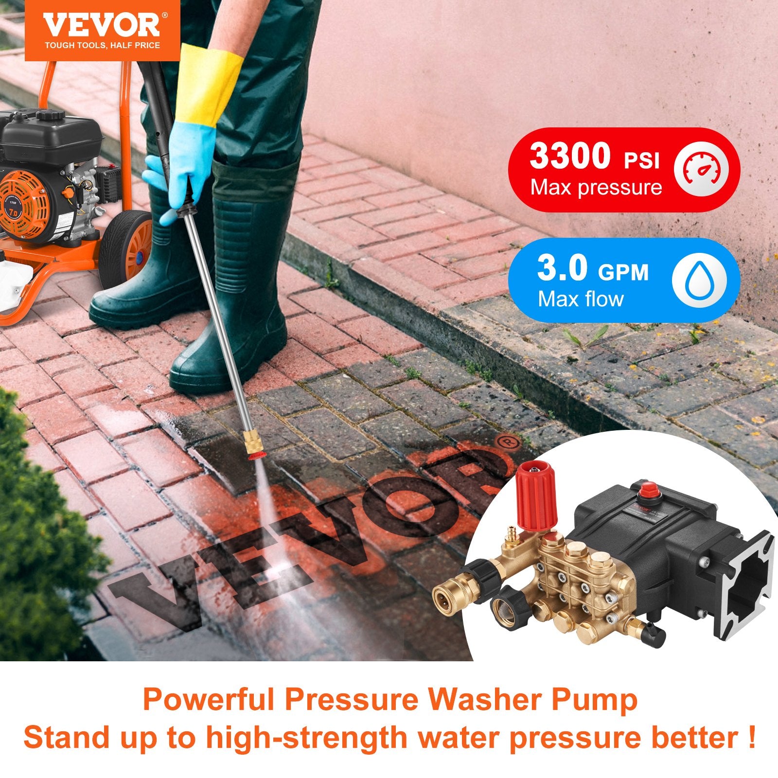 Pressure Washer Pump Horizontal Triplex Plunger 3700PSI 2.5GPM Replacement