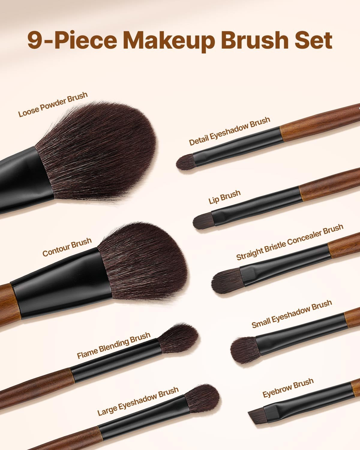 9-Piece Makeup Brush Set Foundation Eyeshadow Natural Vegan Wood Handle