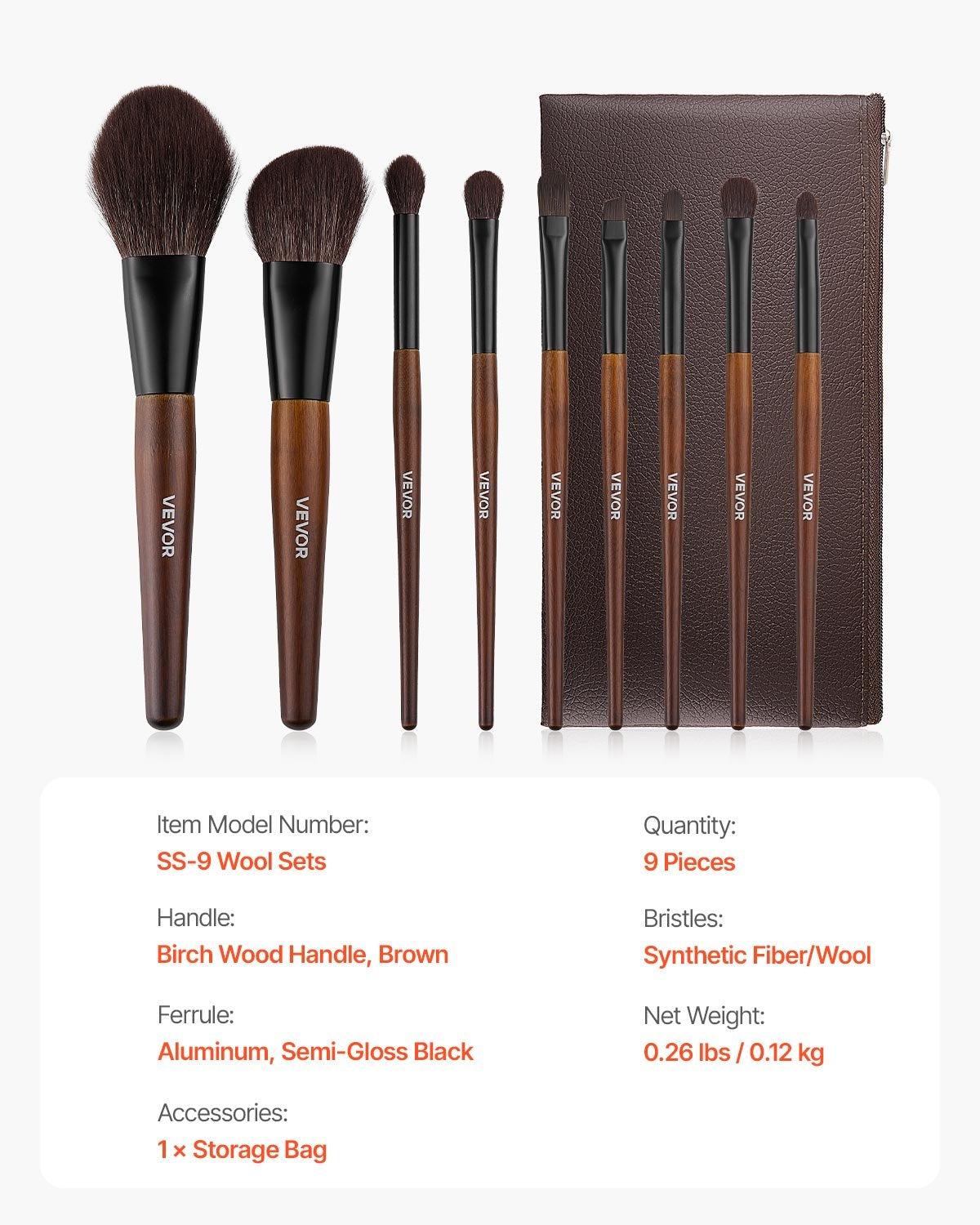 9-Piece Makeup Brush Set Foundation Eyeshadow Natural Vegan Wood Handle