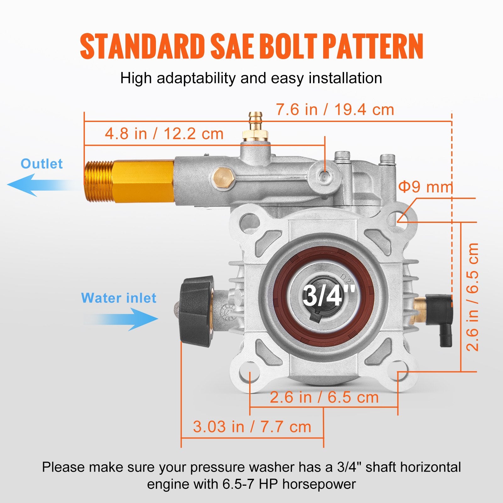 Horizontal Pressure Washer Pump 19mm Shaft, 3400 PSI 2.5GPM, Replacement Kit