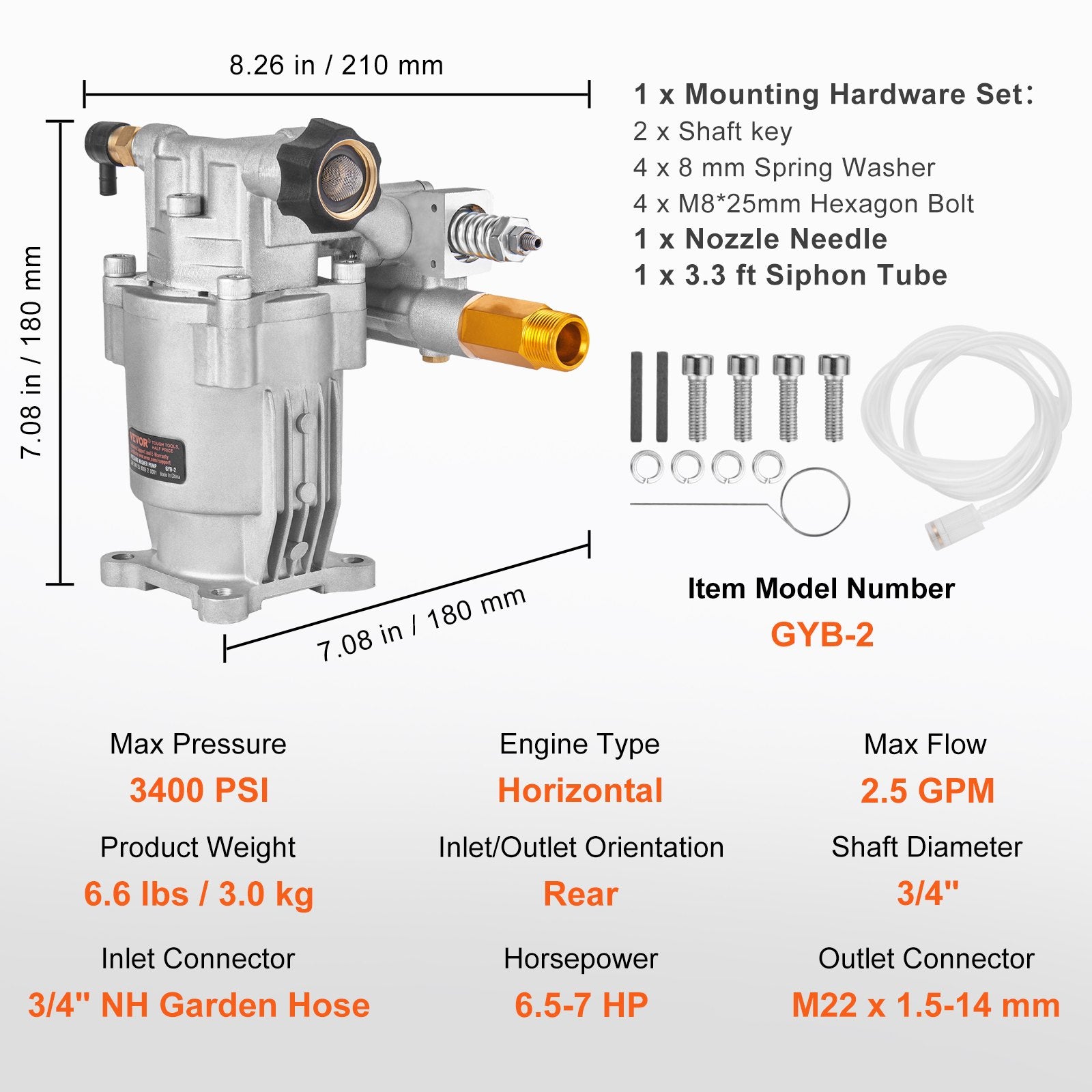 Horizontal Pressure Washer Pump 19mm Shaft, 3400 PSI 2.5GPM, Replacement Kit