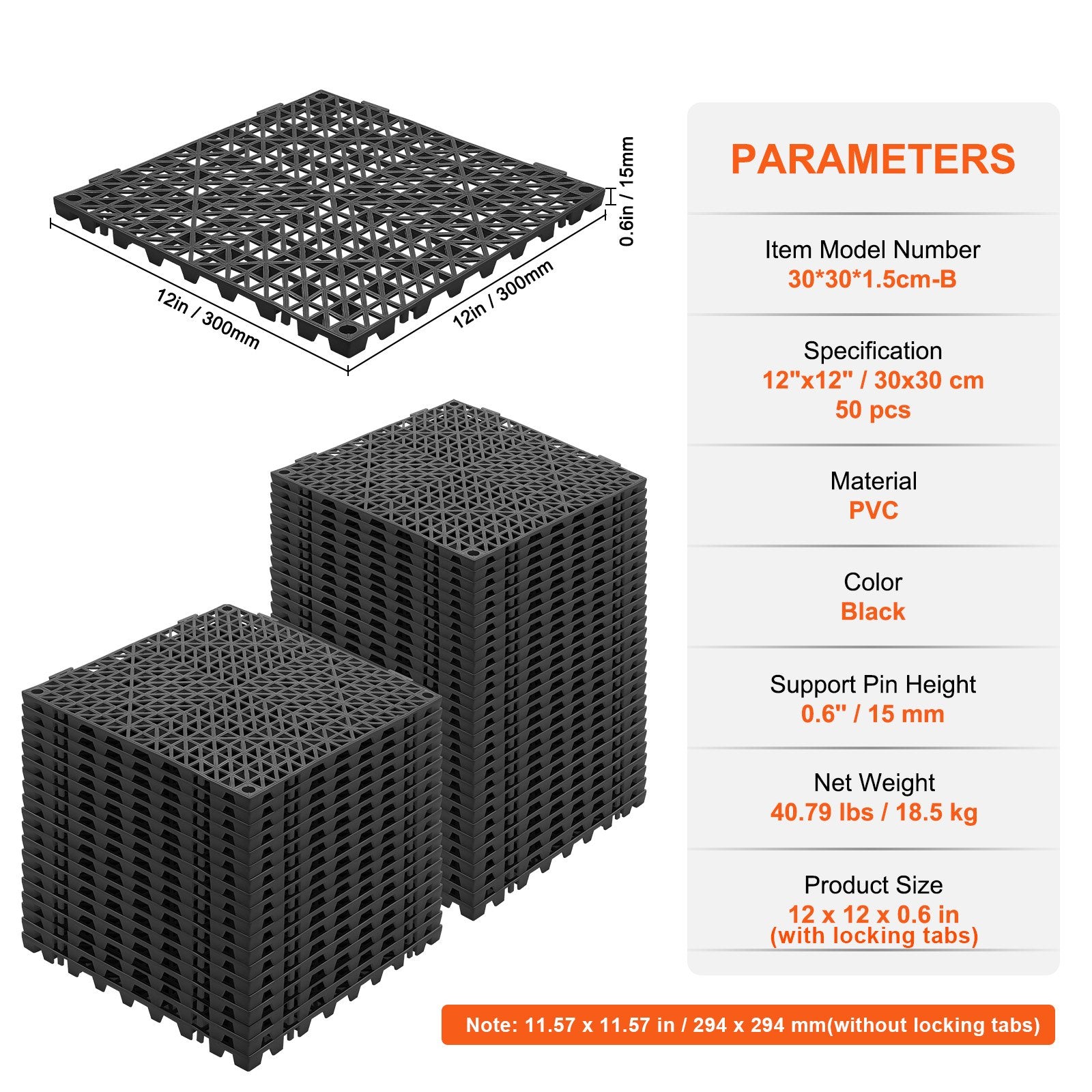 Modular Interlocking Cushion 50 Pack 30x30cm PVC Drainage Floor Tiles Black