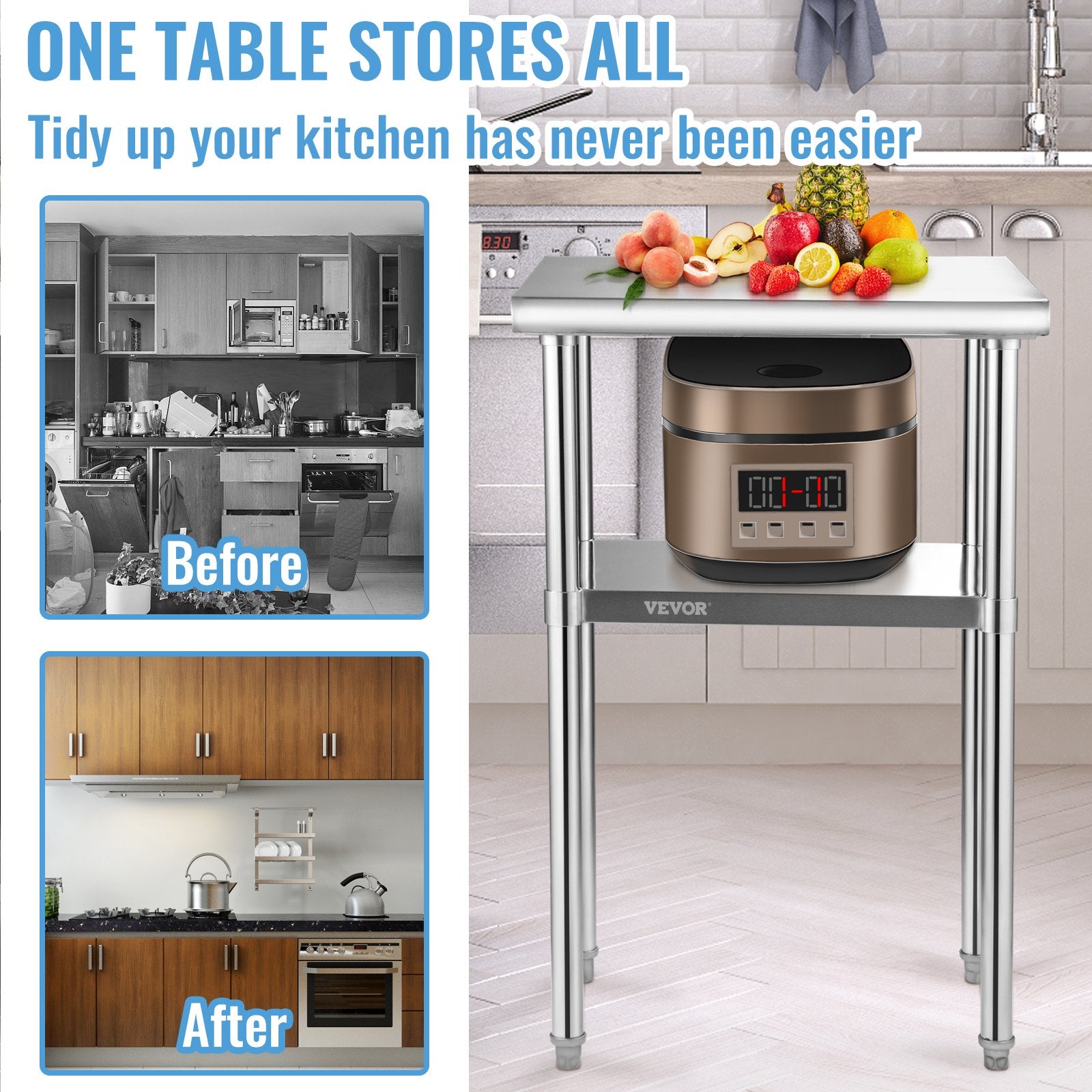 Stainless Steel Prep Table 61x45.7x91.4cm Heavy Duty Worktable 272kg Load