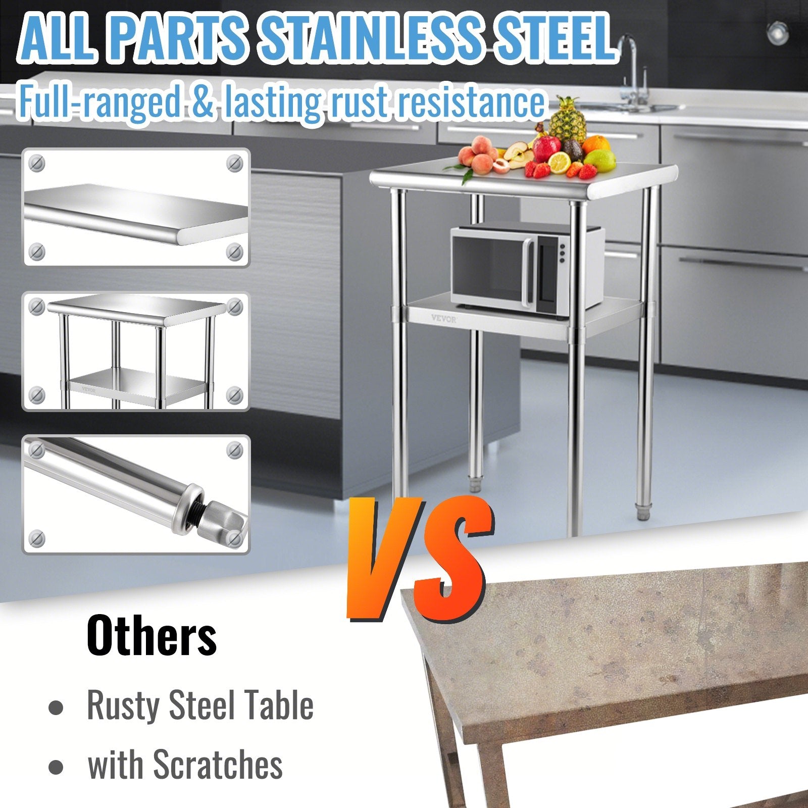 Stainless Steel Prep Table 61x45.7x91.4cm Heavy Duty Worktable 272kg Load