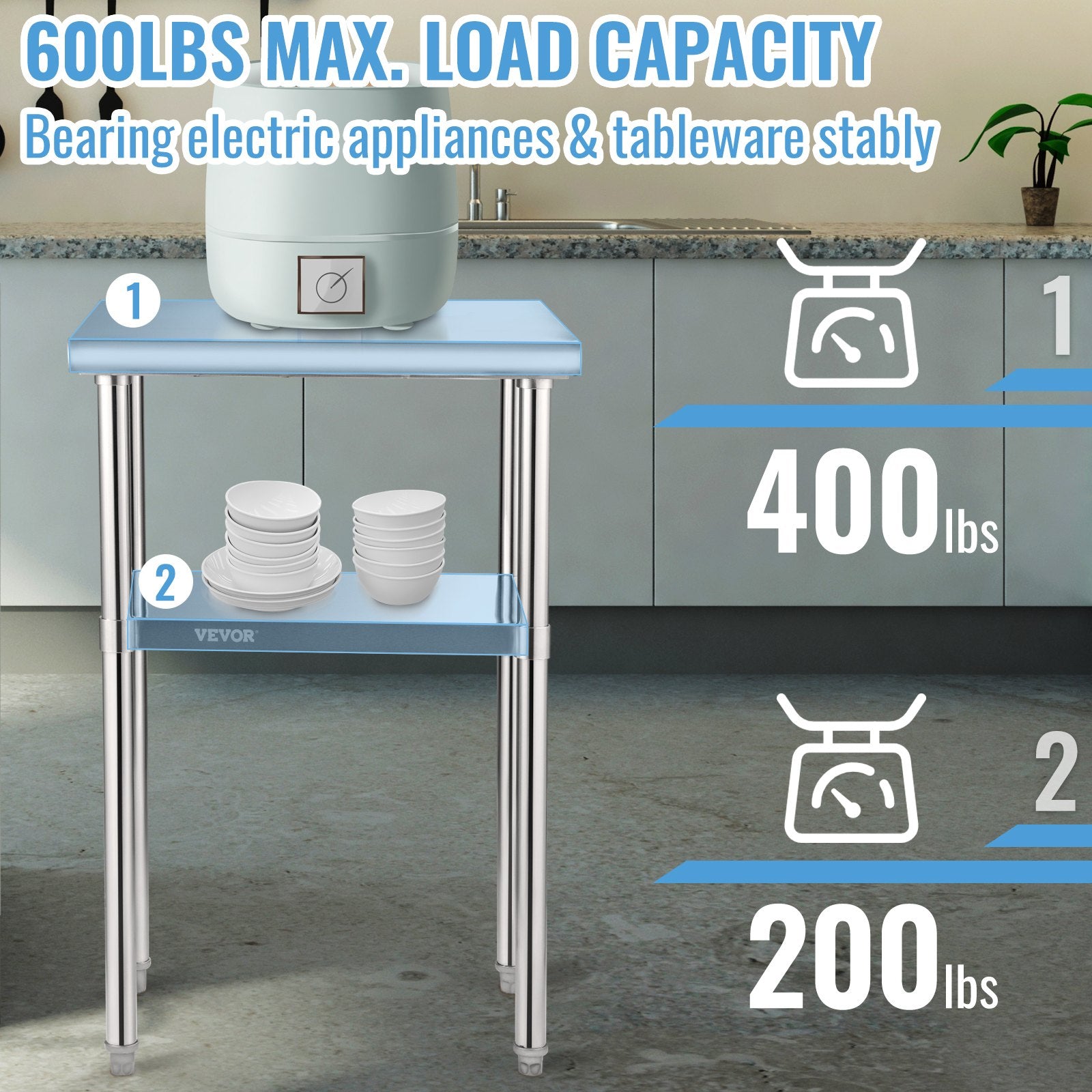 Stainless Steel Prep Table 61x45.7x91.4cm Heavy Duty Worktable 272kg Load