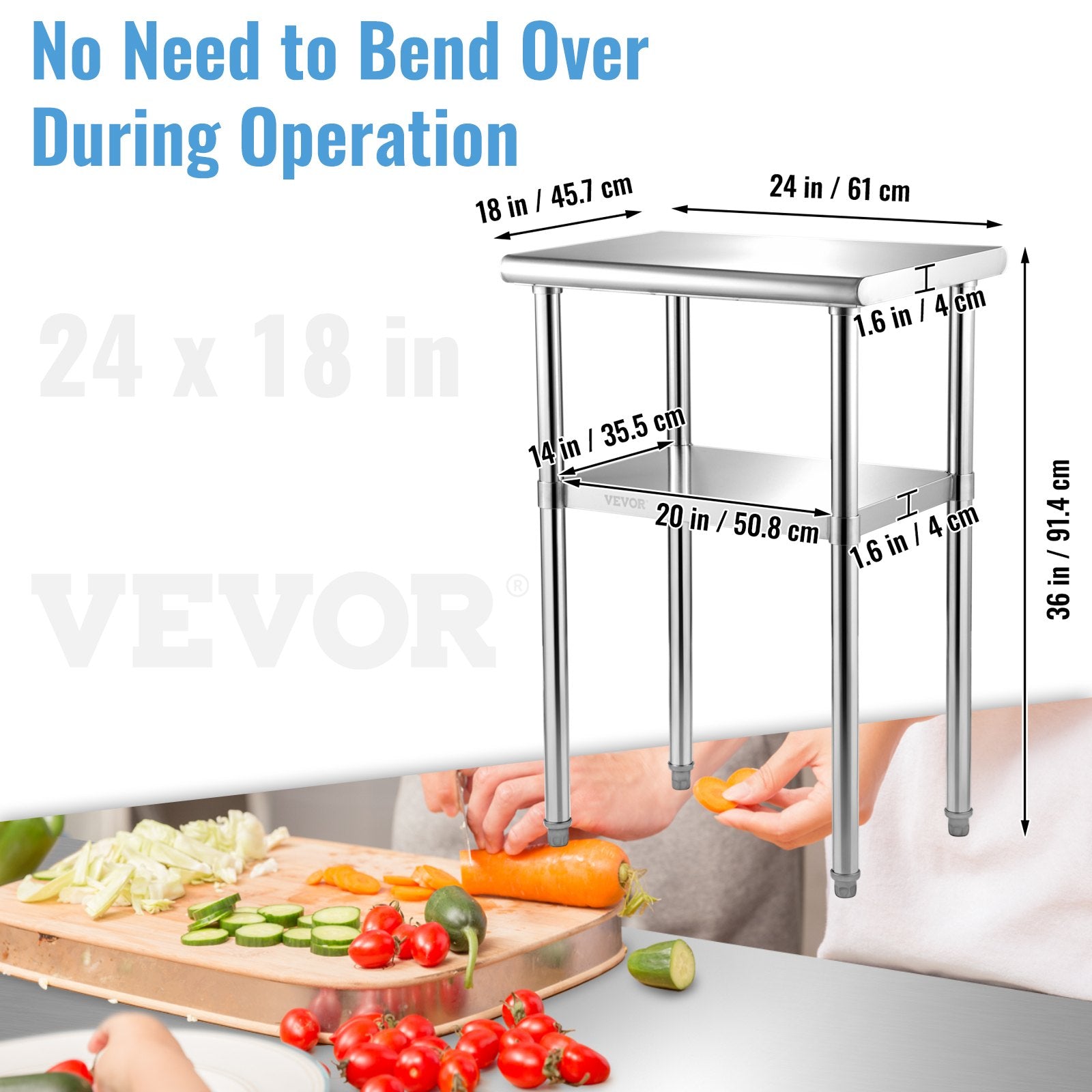 Stainless Steel Prep Table 61x45.7x91.4cm Heavy Duty Worktable 272kg Load
