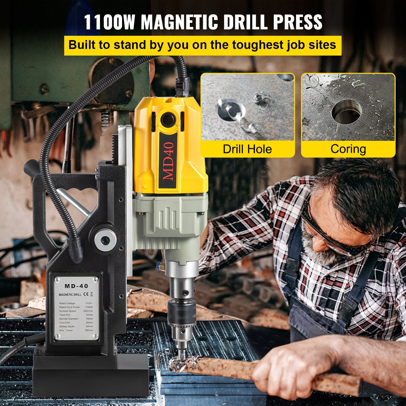 Magnetic Drill 1100W 1.57" Boring, 580RPM Portable Electric Mag Drill with 7 Bits
