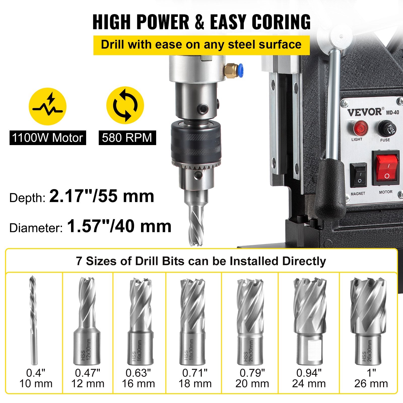 Magnetic Drill 1100W 1.57" Boring, 580RPM Portable Electric Mag Drill with 7 Bits