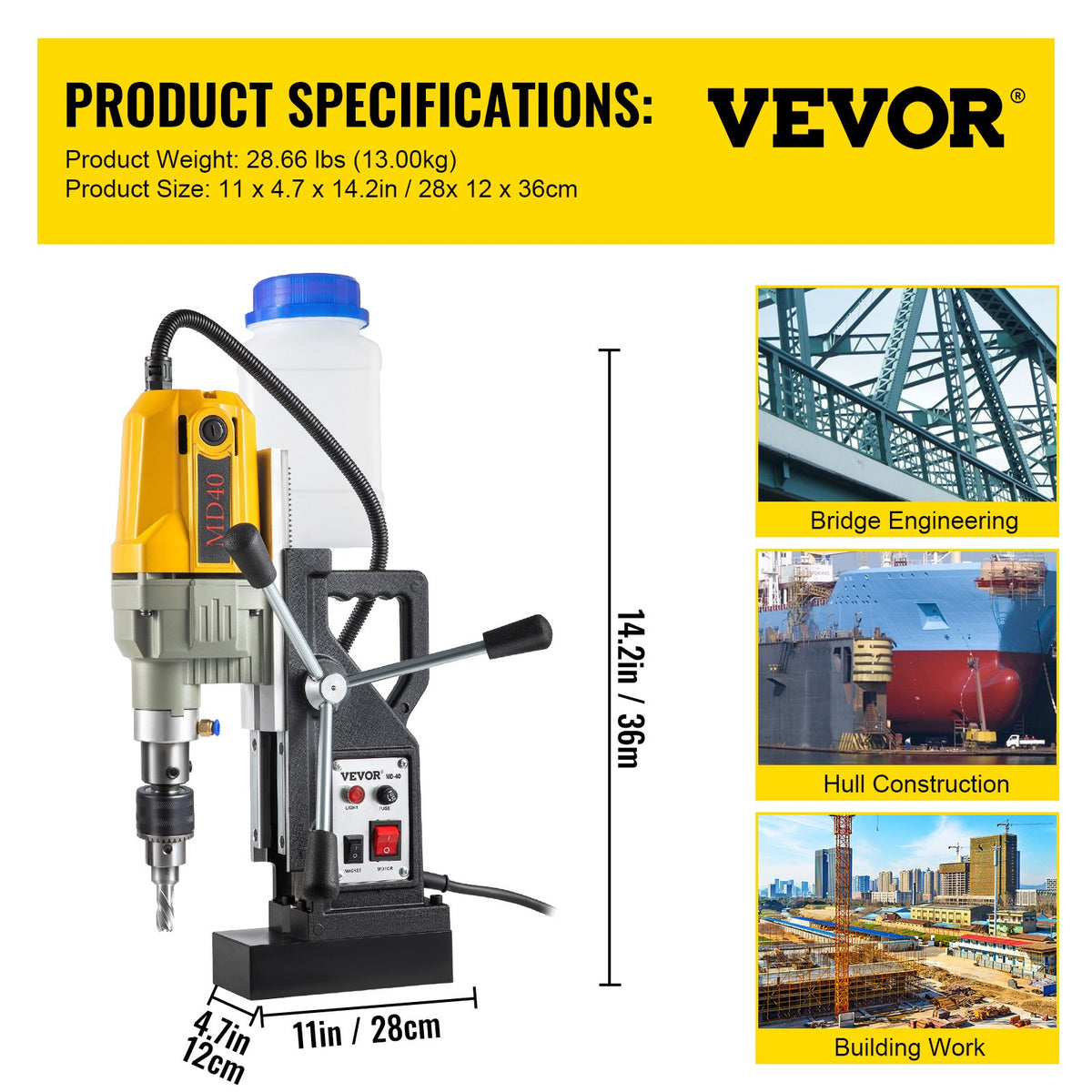 Magnetic Drill 1100W 1.57" Boring, 580RPM Portable Electric Mag Drill with 7 Bits