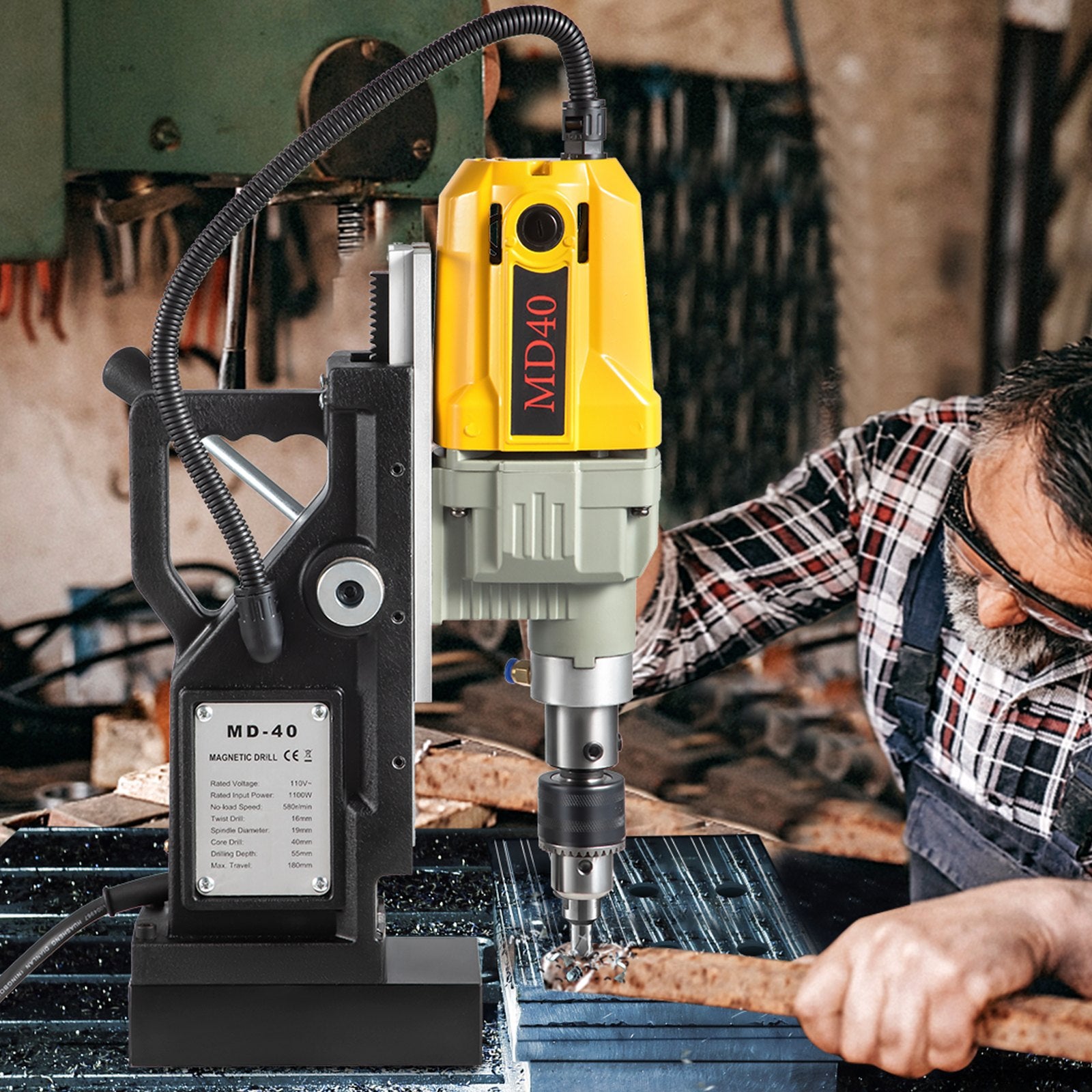 Magnetic Drill 1100W 1.57" Boring, 580RPM Portable Electric Mag Drill with 7 Bits