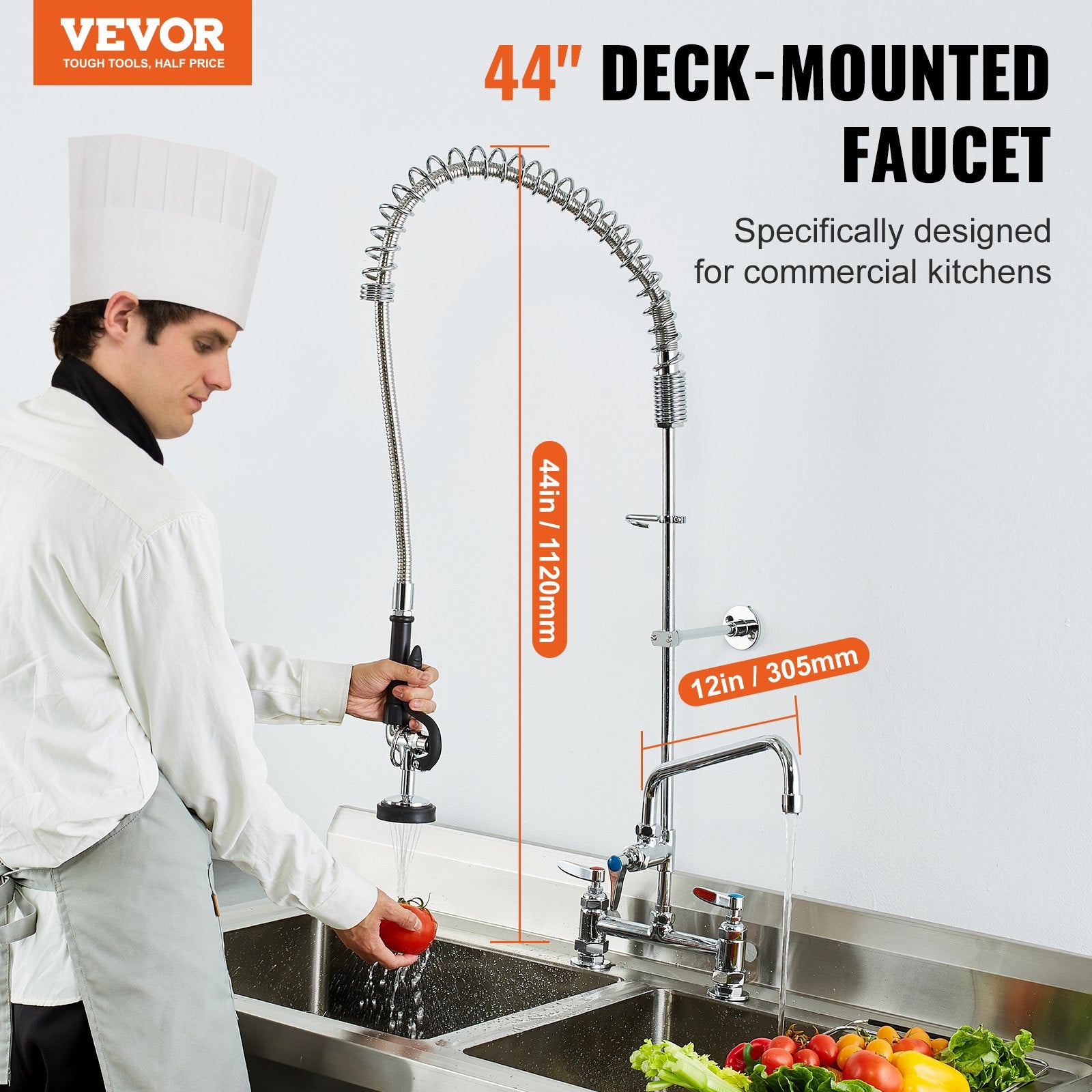 44" Commercial Pre-Rinse Kitchen Faucet Deck Mount with 12" Swing Spout
