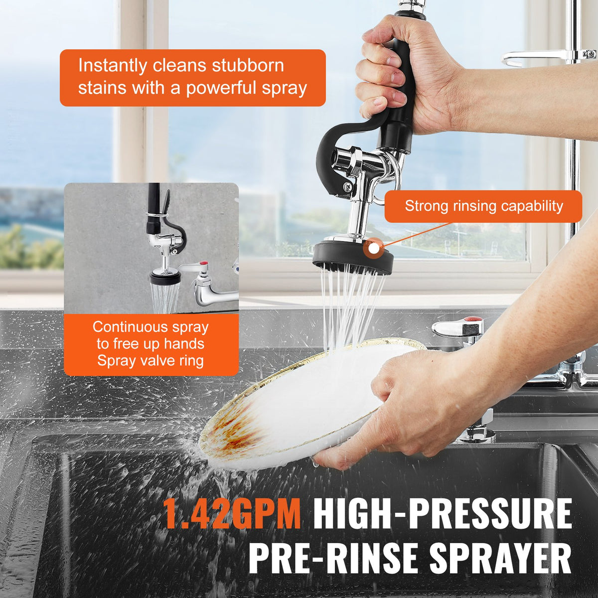 44" Commercial Pre-Rinse Kitchen Faucet Deck Mount with 12" Swing Spout