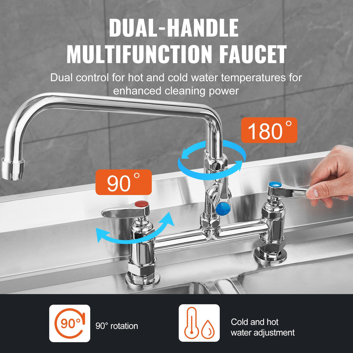 44" Commercial Pre-Rinse Kitchen Faucet Deck Mount with 12" Swing Spout