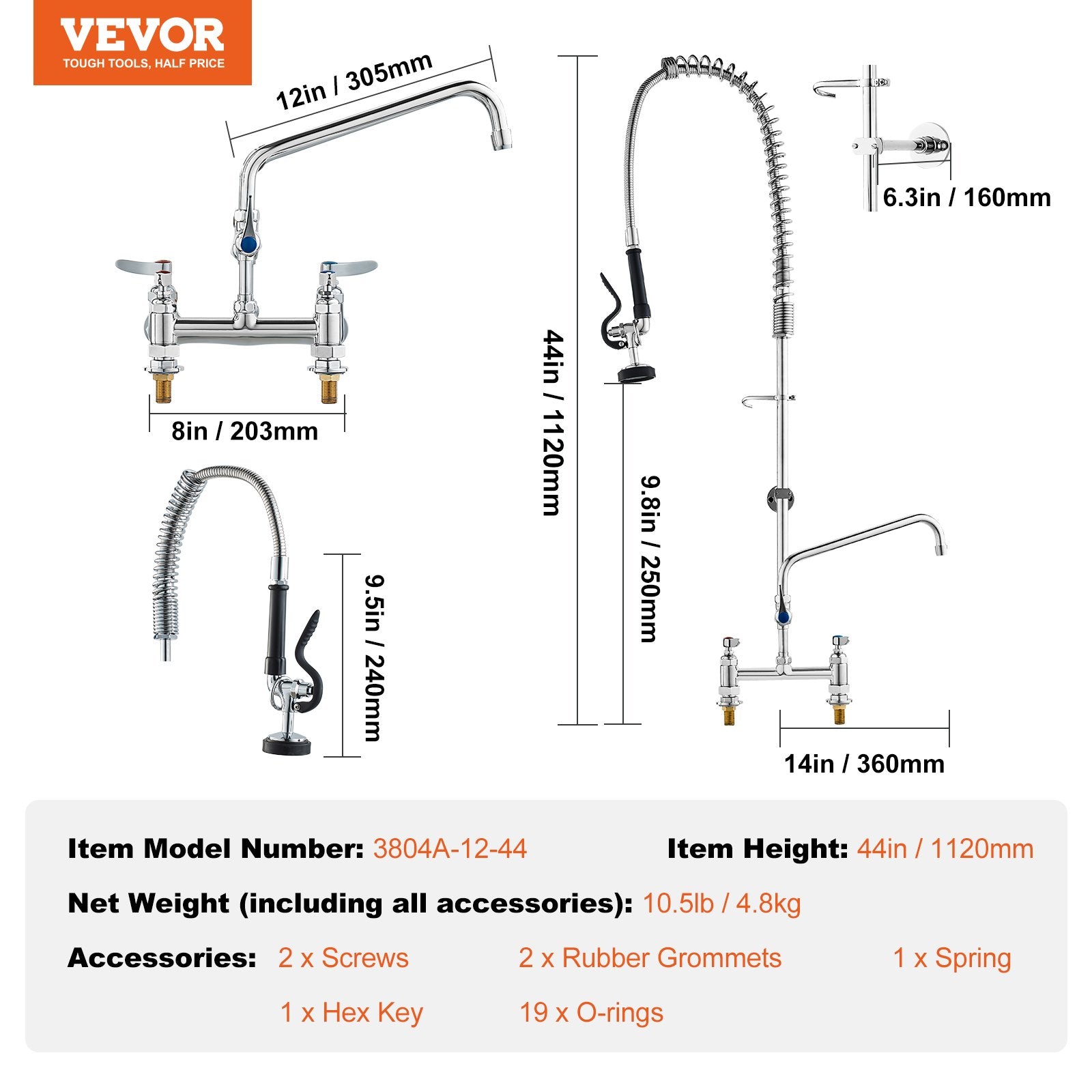 44" Commercial Pre-Rinse Kitchen Faucet Deck Mount with 12" Swing Spout