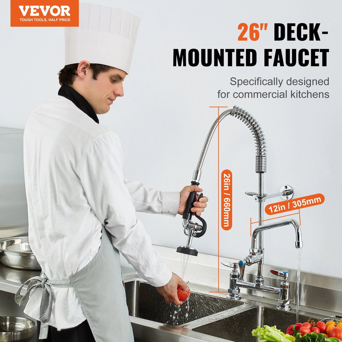 Commercial Faucet with Pre-Rinse Sprayer 26" Height 8" Center 12" Swing Spout