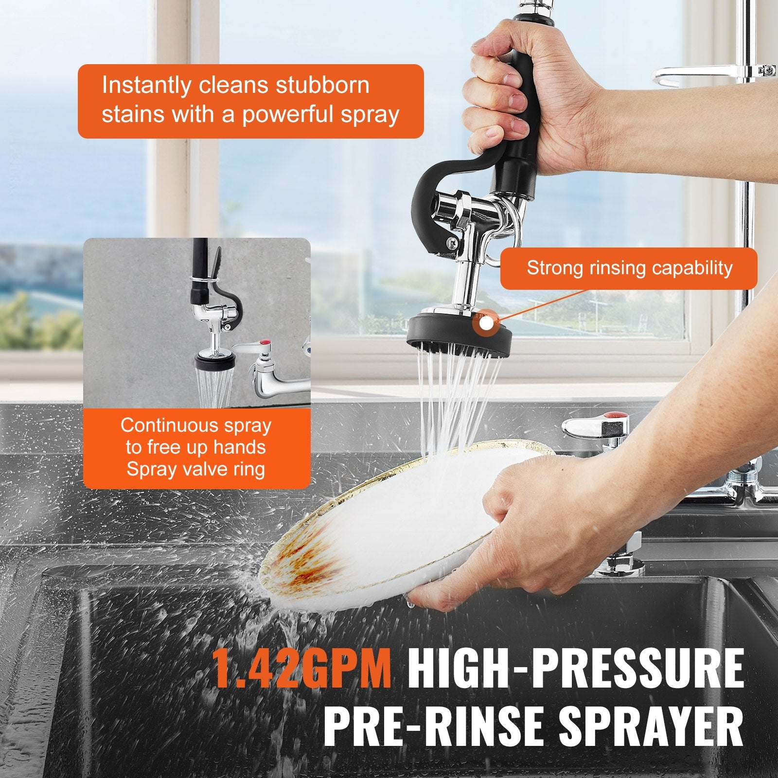 Commercial Faucet with Pre-Rinse Sprayer 26" Height 8" Center 12" Swing Spout