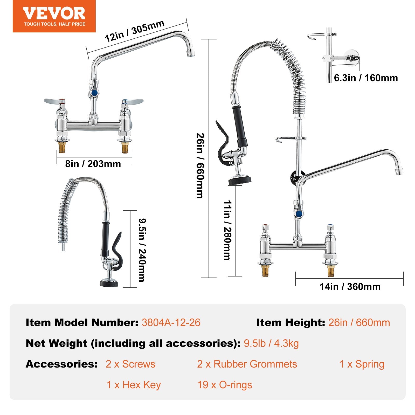 Commercial Faucet with Pre-Rinse Sprayer 26" Height 8" Center 12" Swing Spout