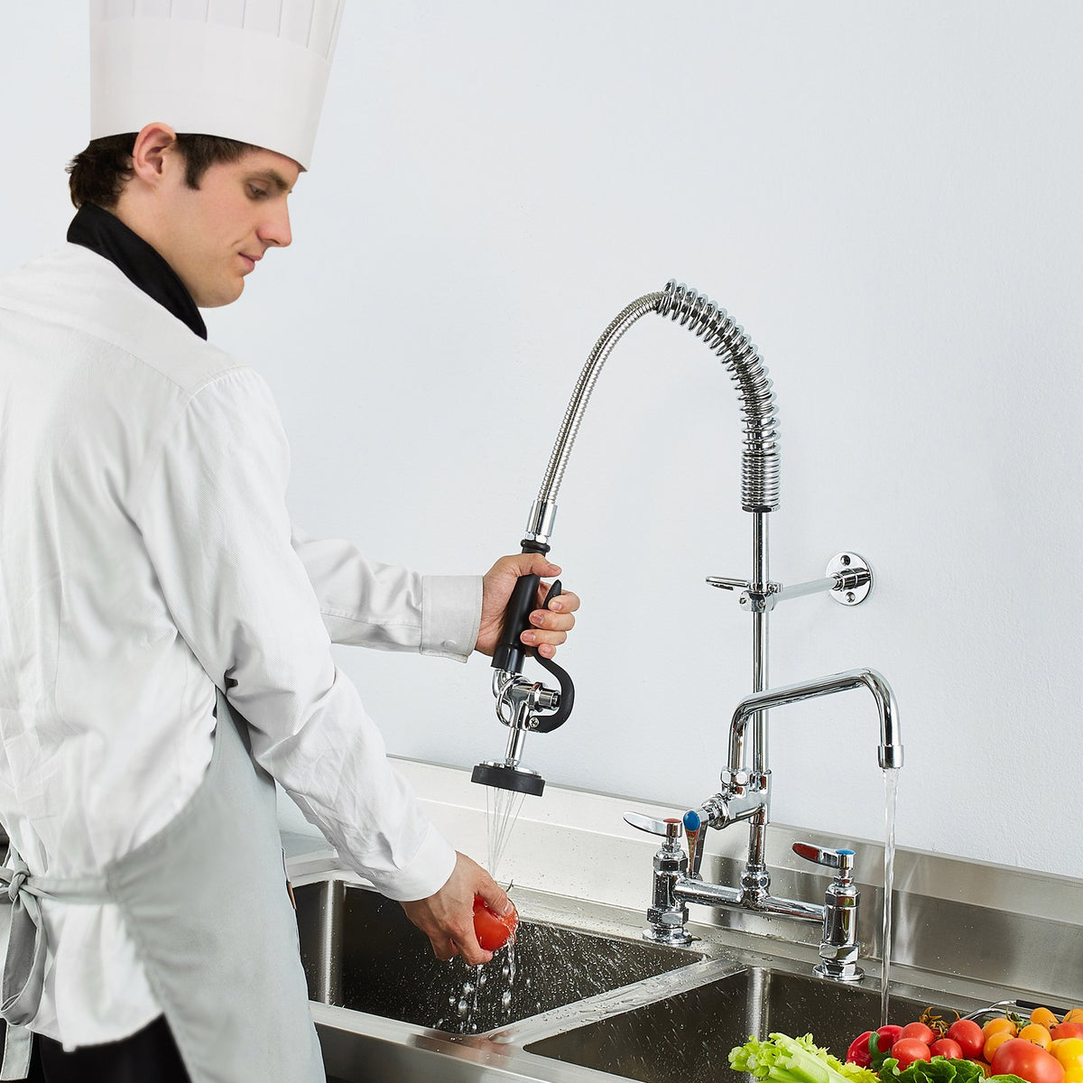 Commercial Faucet with Pre-Rinse Sprayer 26" Height 8" Center 12" Swing Spout