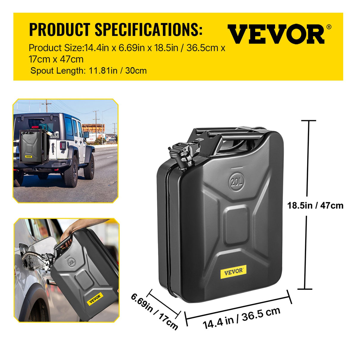 20L Jerry Fuel Can Steel Gas Container with Flexible Spout Black