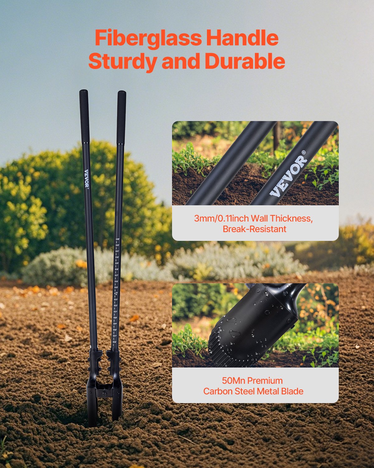 Heavy Duty Post Hole Digger with Fiberglass Handle and Scale Markings