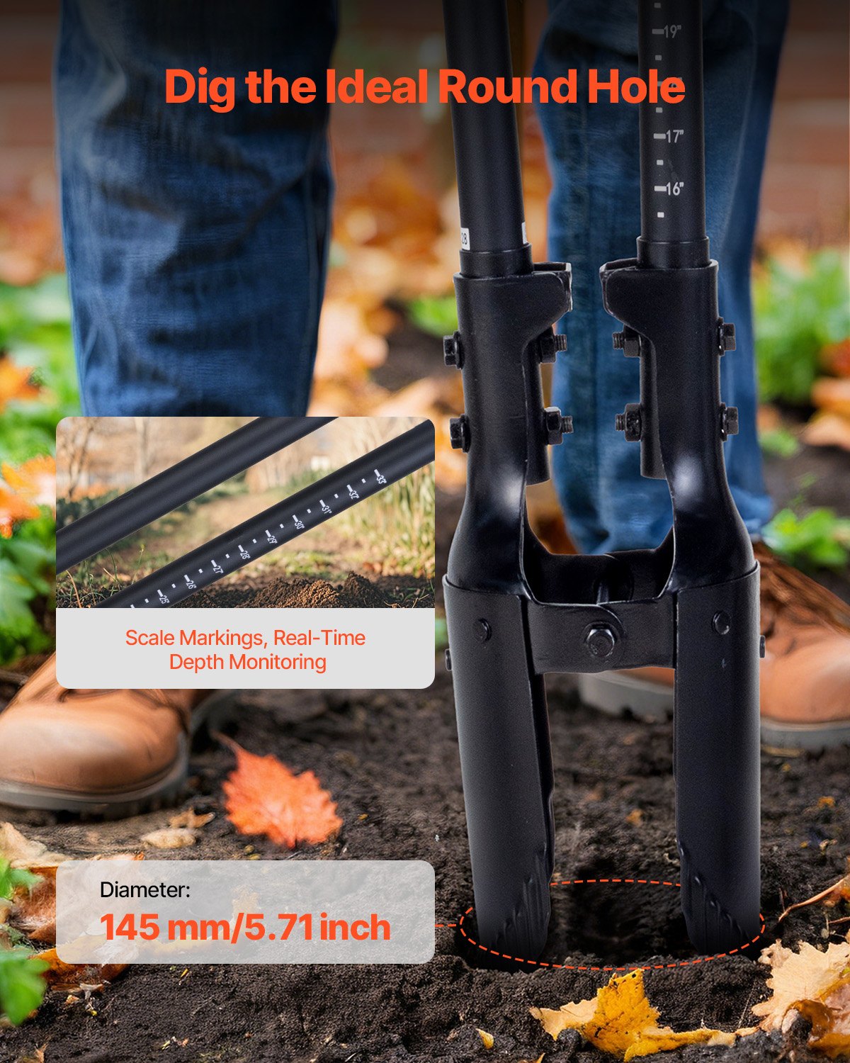 Heavy Duty Post Hole Digger with Fiberglass Handle and Scale Markings