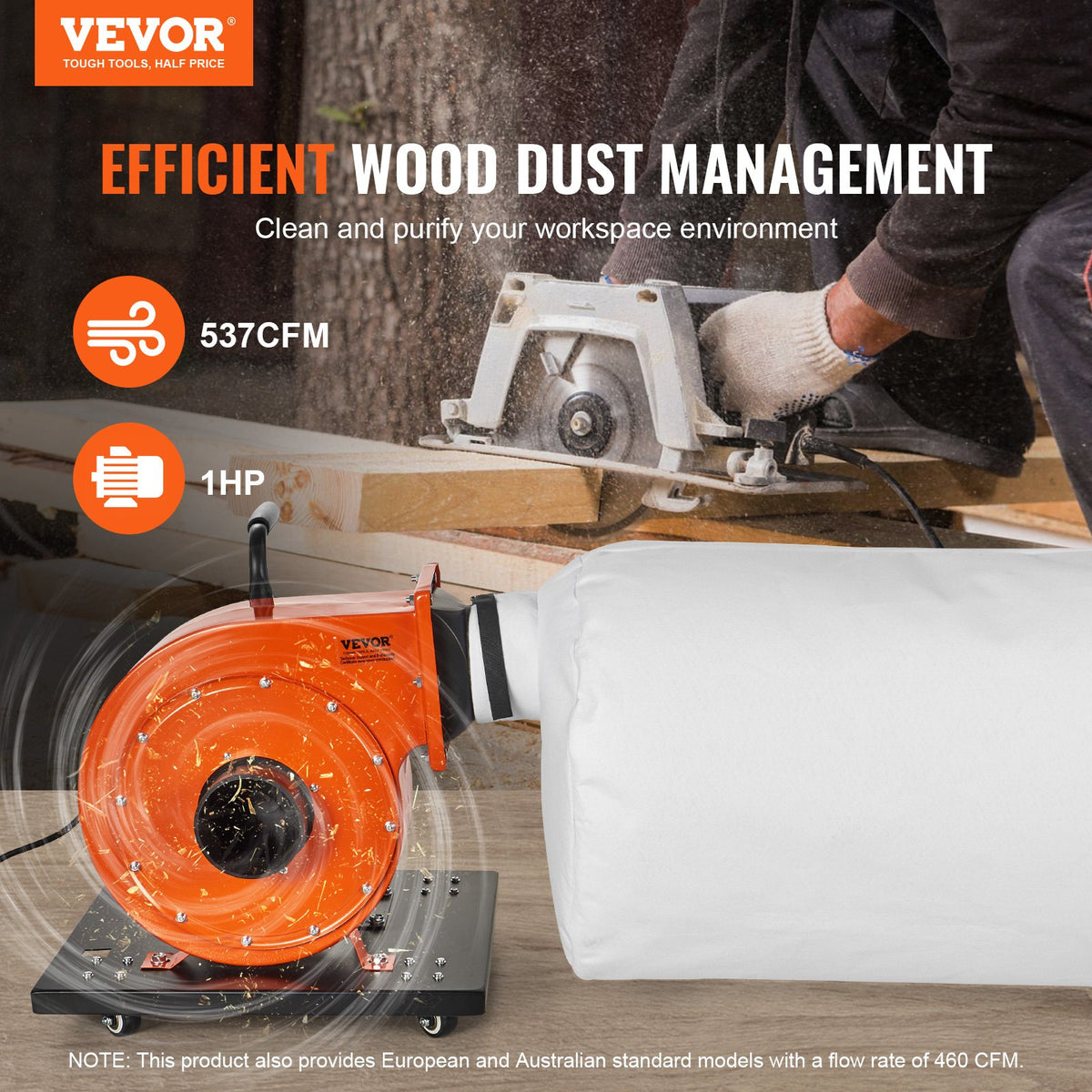 Dust Collector 1HP 460CFM 80L Bag 2.5 Micron Filtration Rolling Mobile Workshop