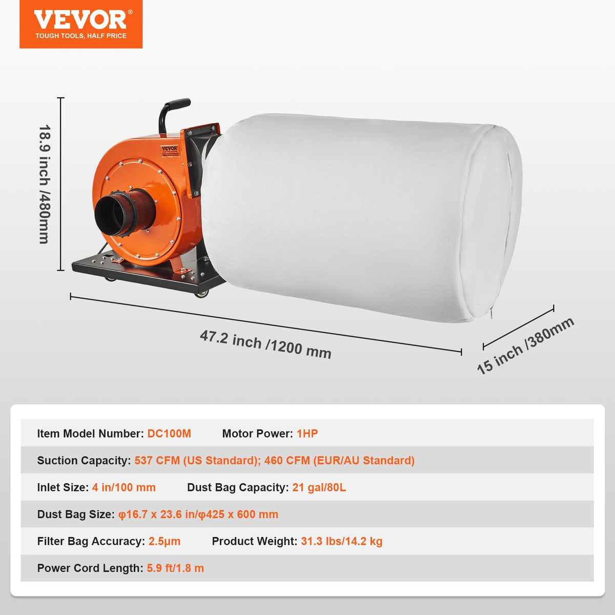 Dust Collector 1HP 460CFM 80L Bag 2.5 Micron Filtration Rolling Mobile Workshop