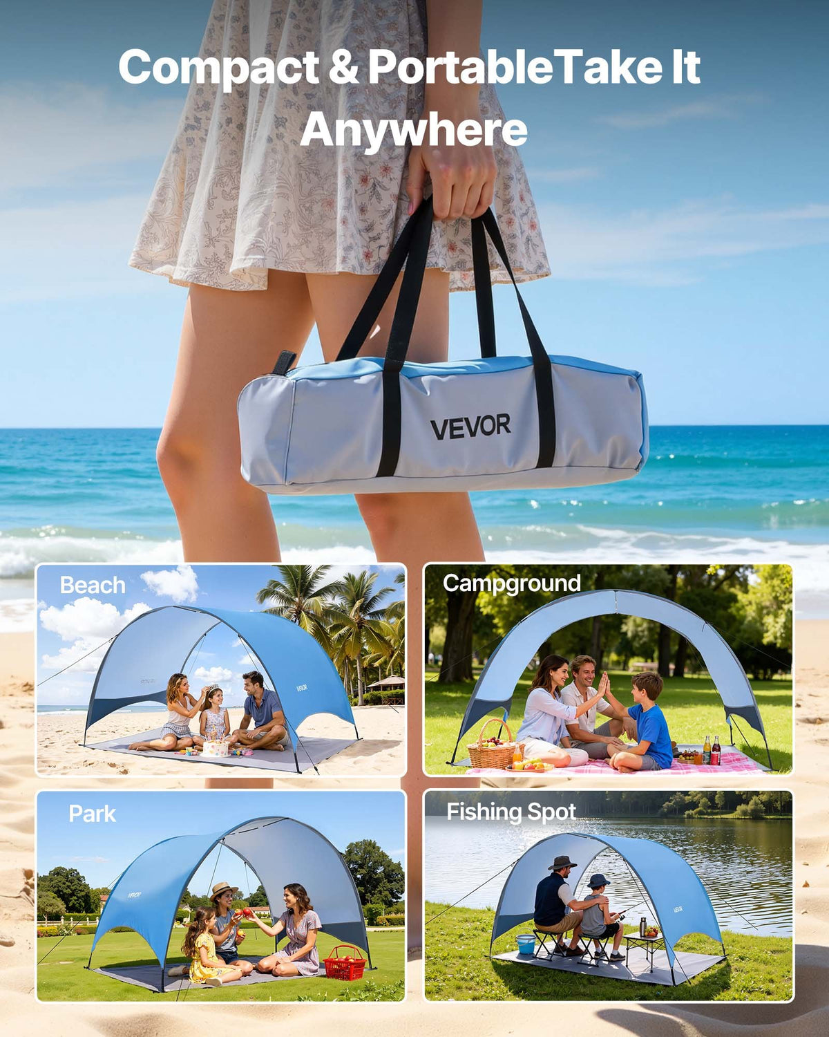 Beach Tent Sun Shelter 3 Person UPF 50+ Portable Shade Canopy with Carry Bag
