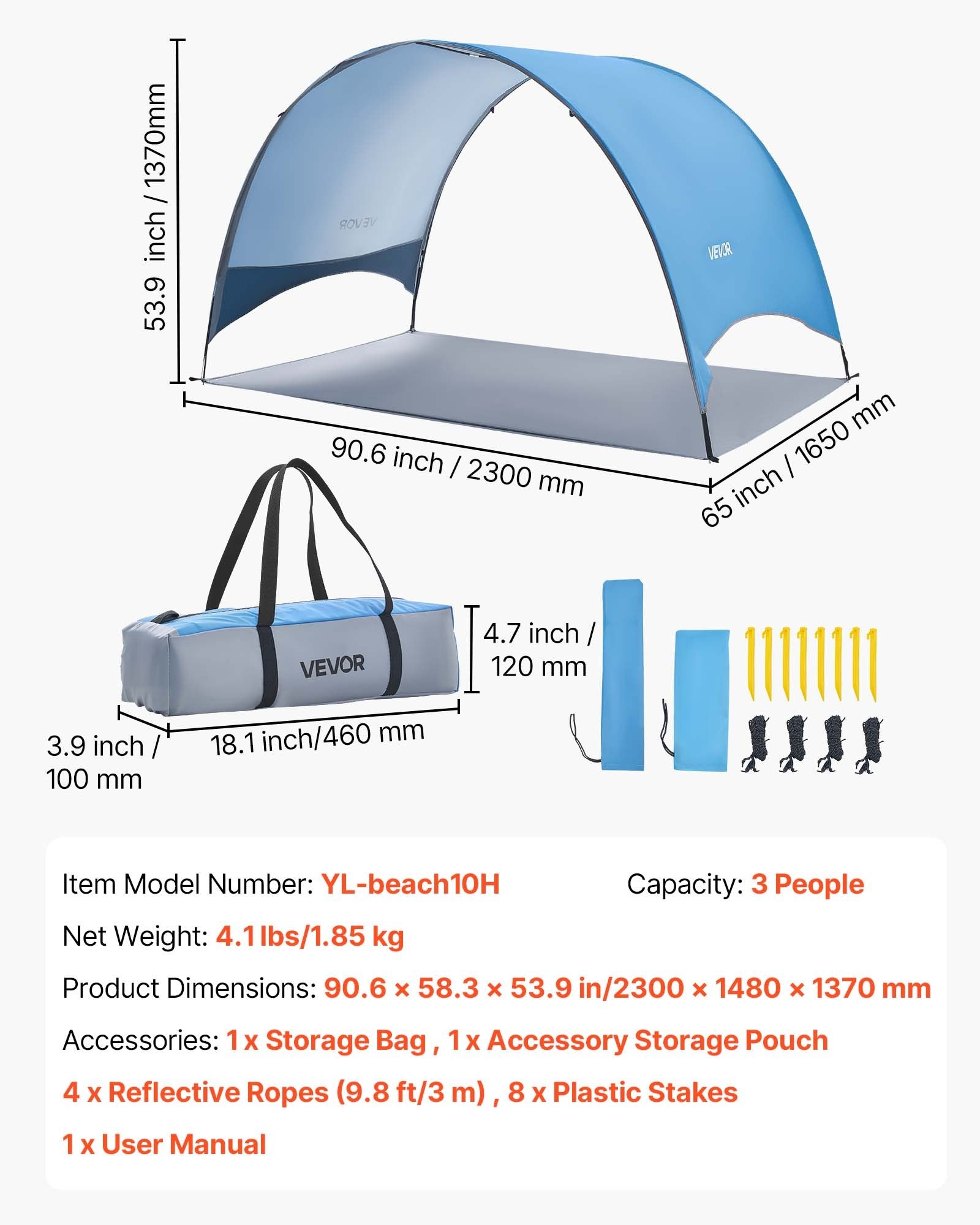 Beach Tent Sun Shelter 3 Person UPF 50+ Portable Shade Canopy with Carry Bag
