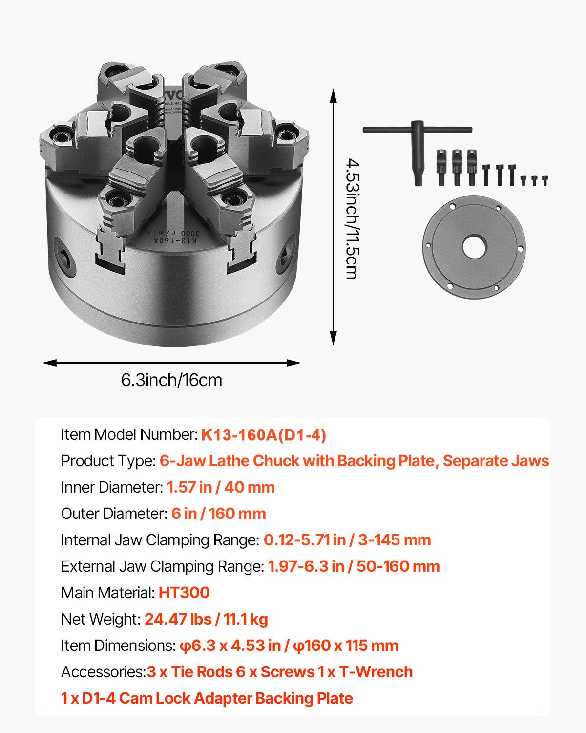 6-Jaw Lathe Chuck 6in Self-Centering D1-4 Cam Lock 3-145mm HT300 Material