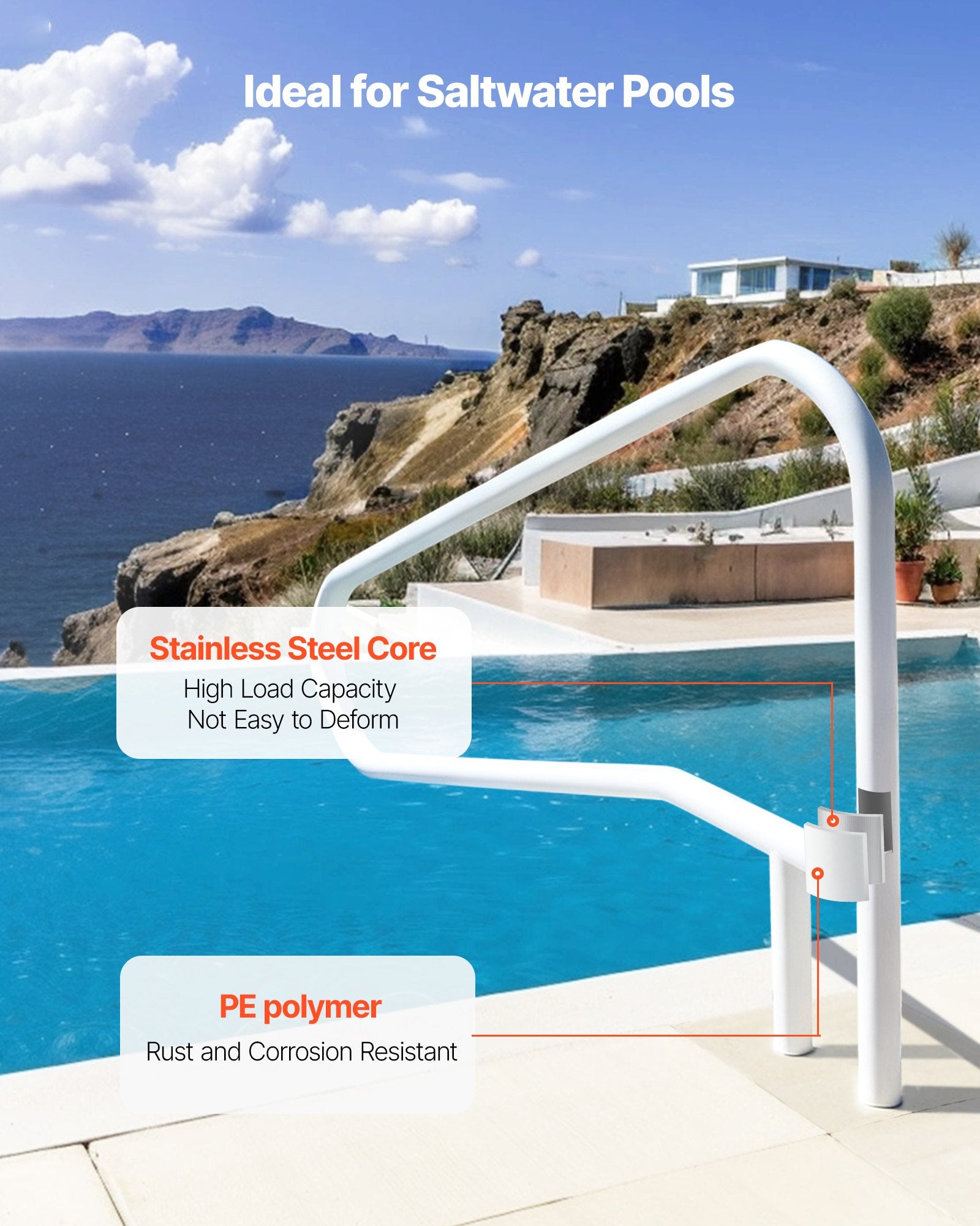 Pool Rail 137.1x81.3cm Stainless Steel Handrail 100kg Heavy-Duty Seamless