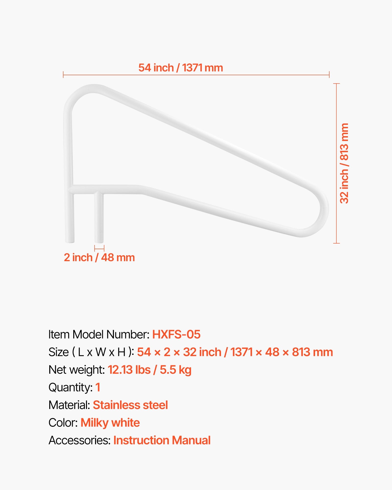 Pool Rail 137.1x81.3cm Stainless Steel Handrail 100kg Heavy-Duty Seamless