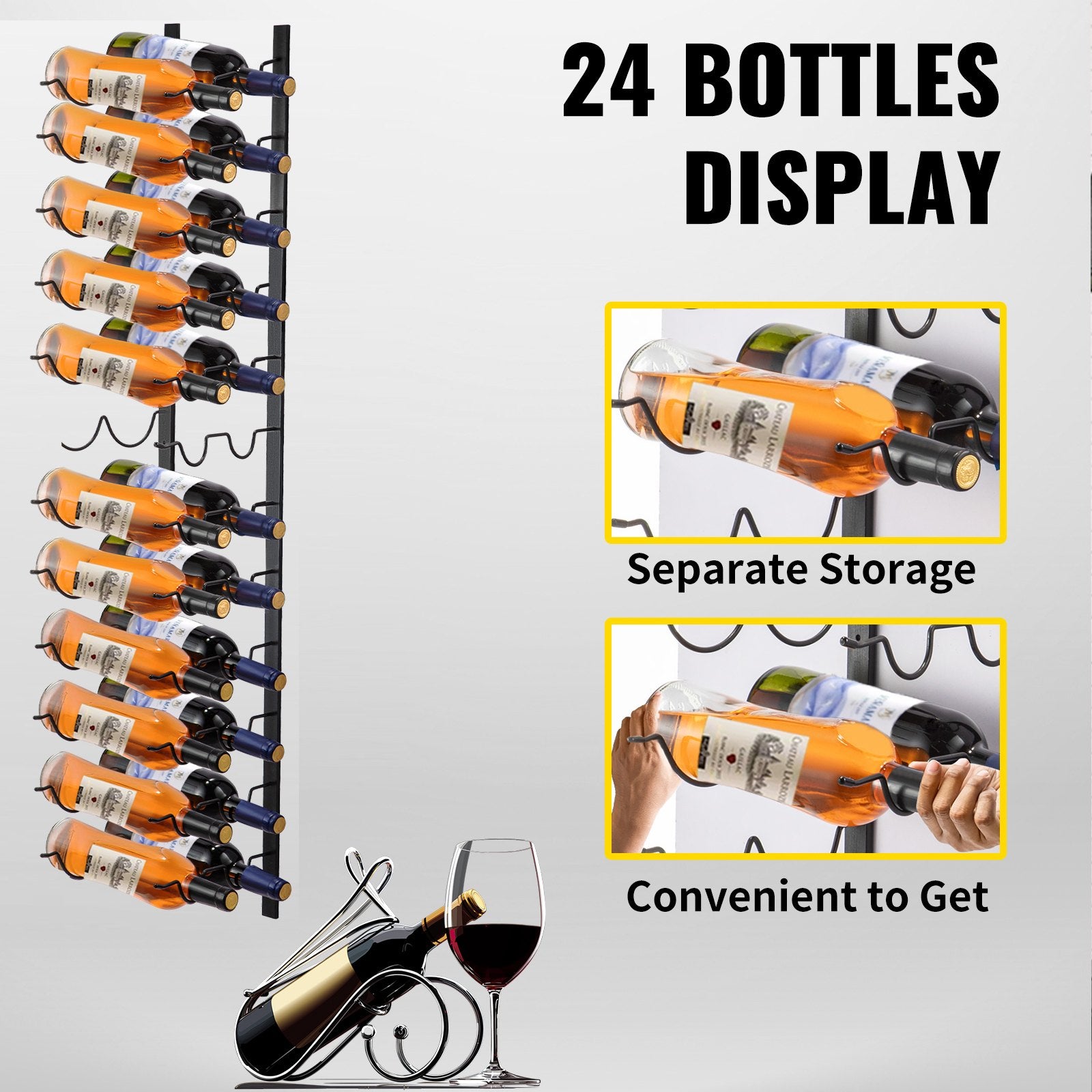 Wall Mounted Wine Rack 12x2 Bottles Black Steel Vertical Holder Decorative